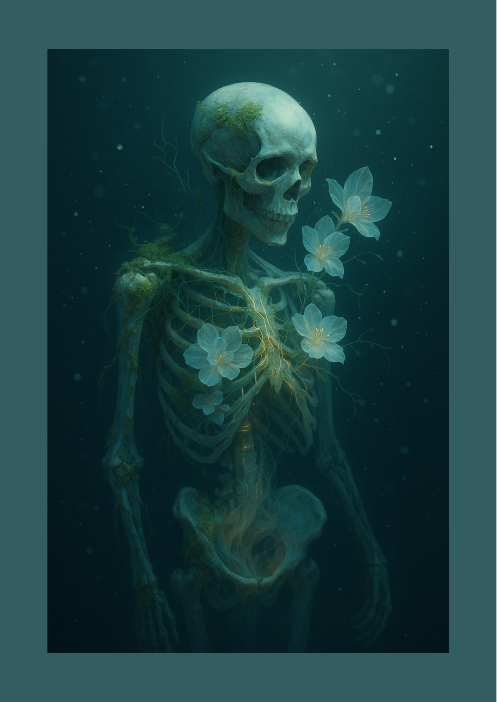 Liminal Reliquary skeletal figure with flowers concept art